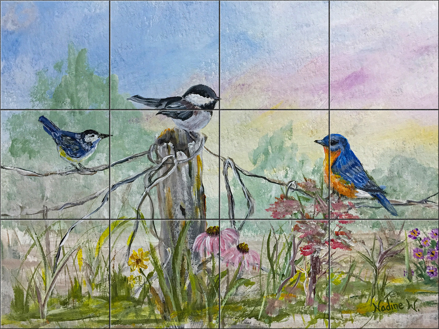 Birds on a Fence by Nadine Warner - Landscape