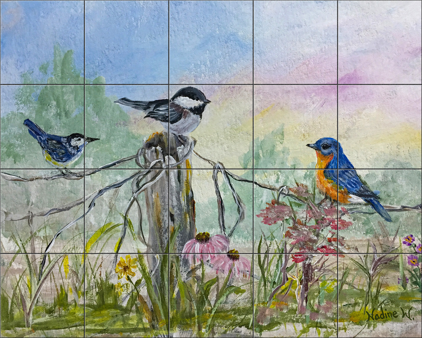 Birds on a Fence by Nadine Warner - Landscape