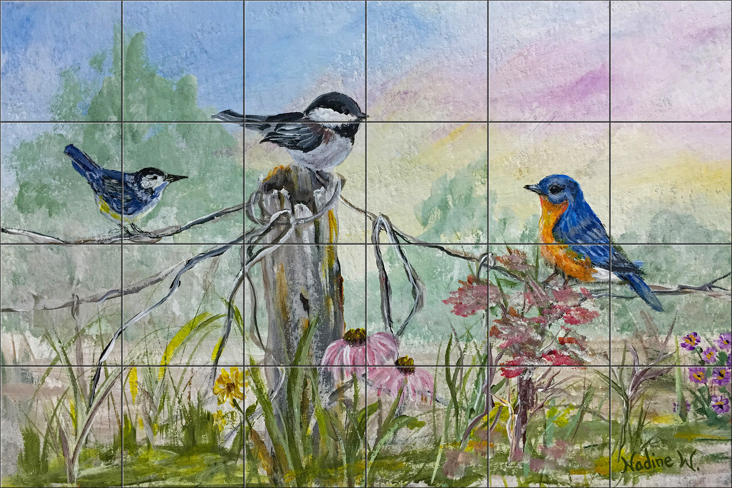 Birds on a Fence by Nadine Warner - Landscape