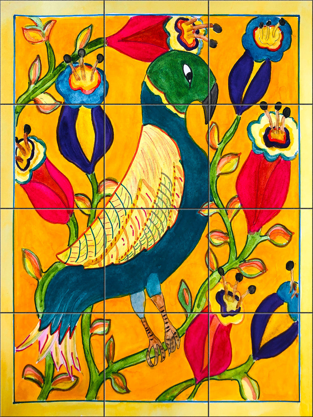 Folk Art Blue Parrot and Flowers By Becki Thomas - Portrait