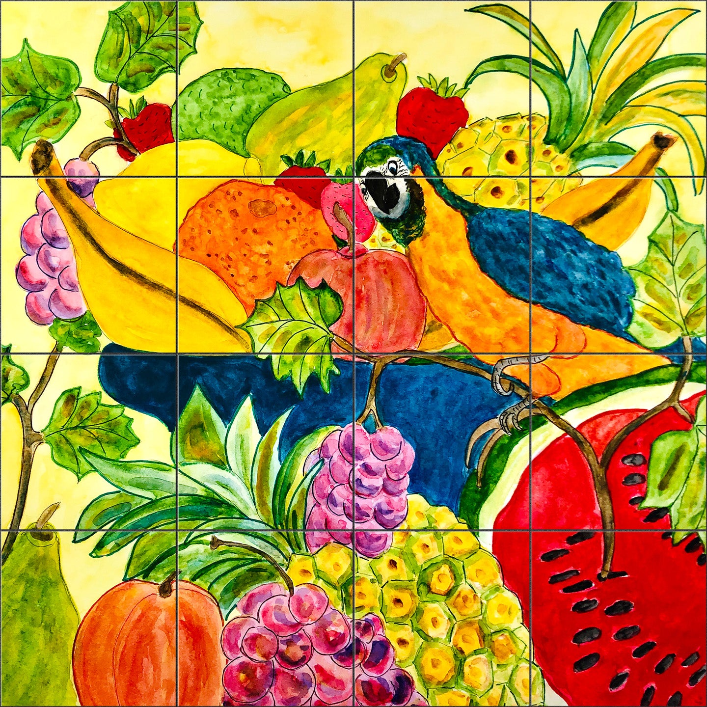 Parrot in a Fruit Bowl By Becki Thomas - Square