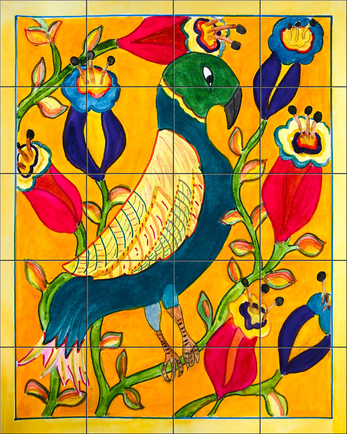 Folk Art Blue Parrot and Flowers By Becki Thomas - Portrait