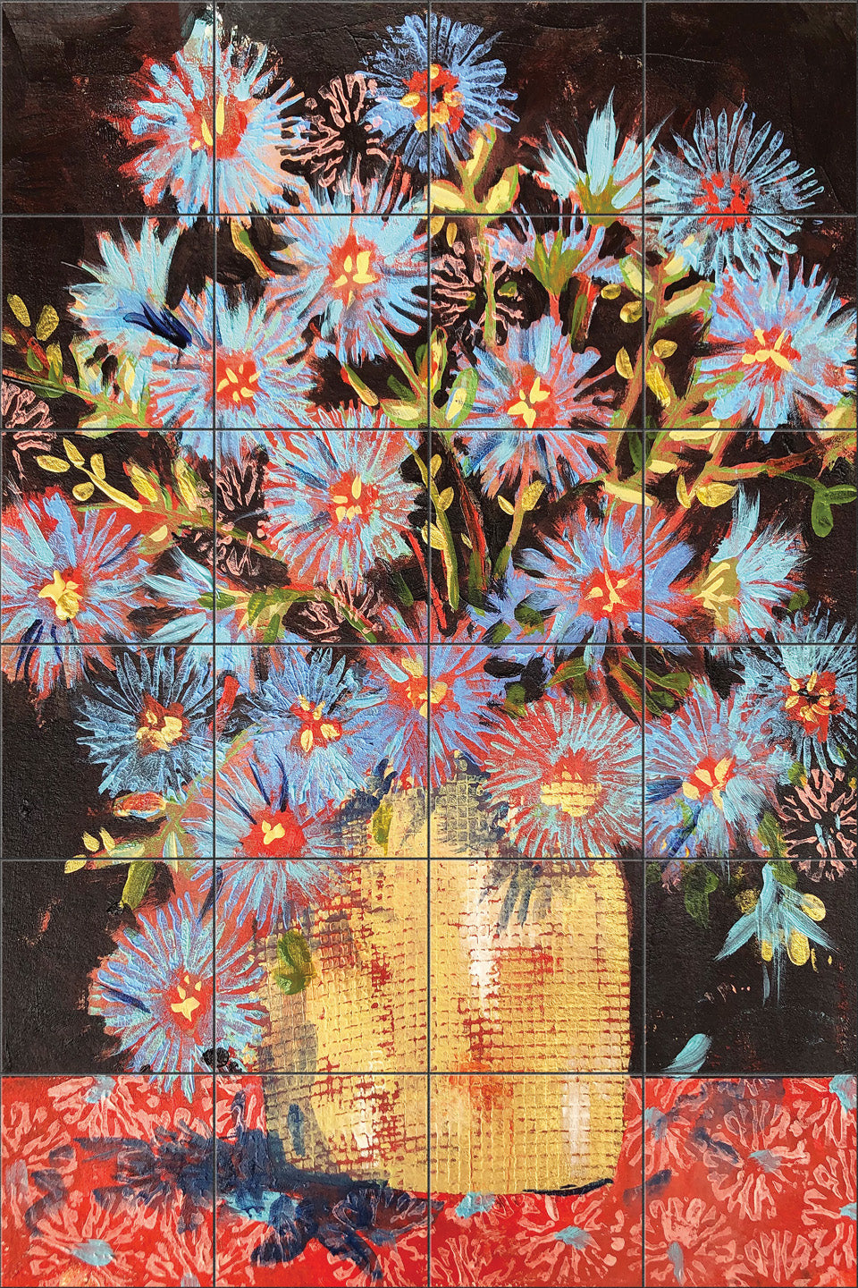 Blue Asters in a Gold Pot By Susan Schmitt - Portrait