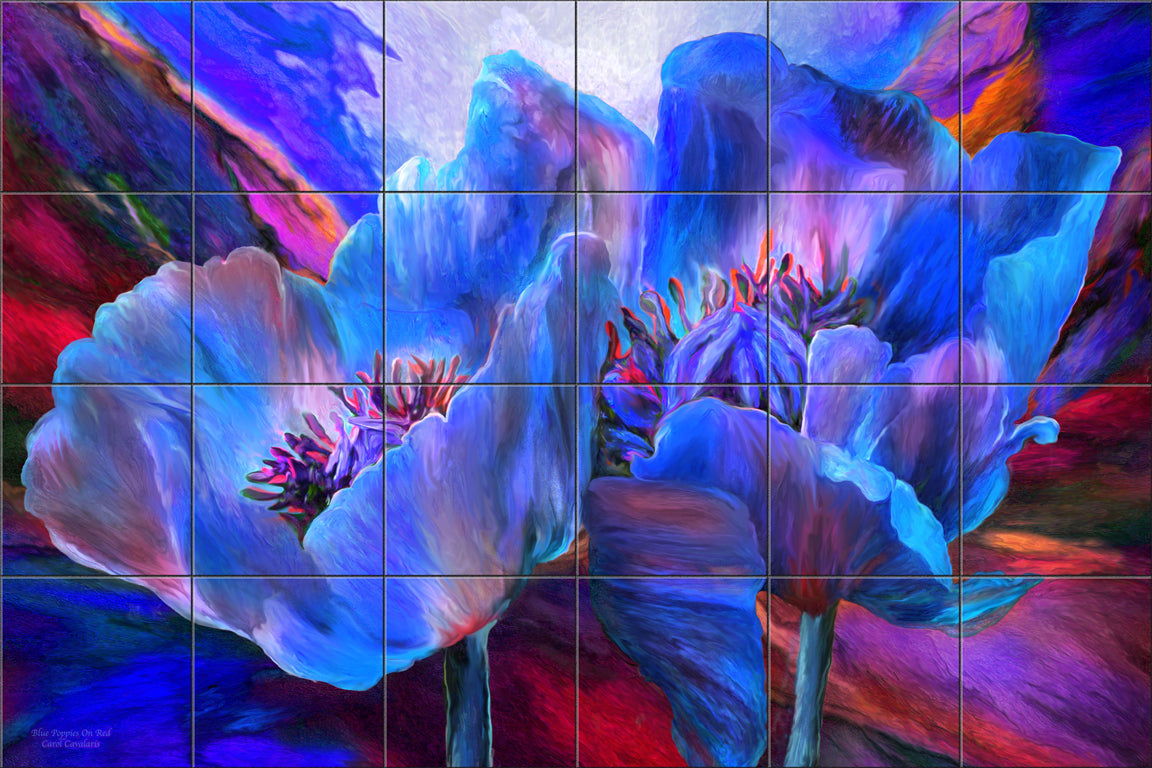 Blue Poppies on Red By Heather B Picquelle - Landscape